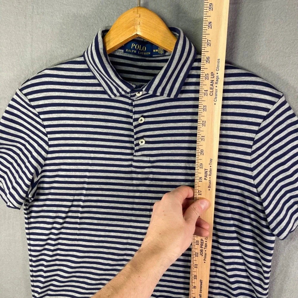 Polo Ralph Lauren Mens Polo Shirt Medium Blue Gray Striped Cotton Classic Casual